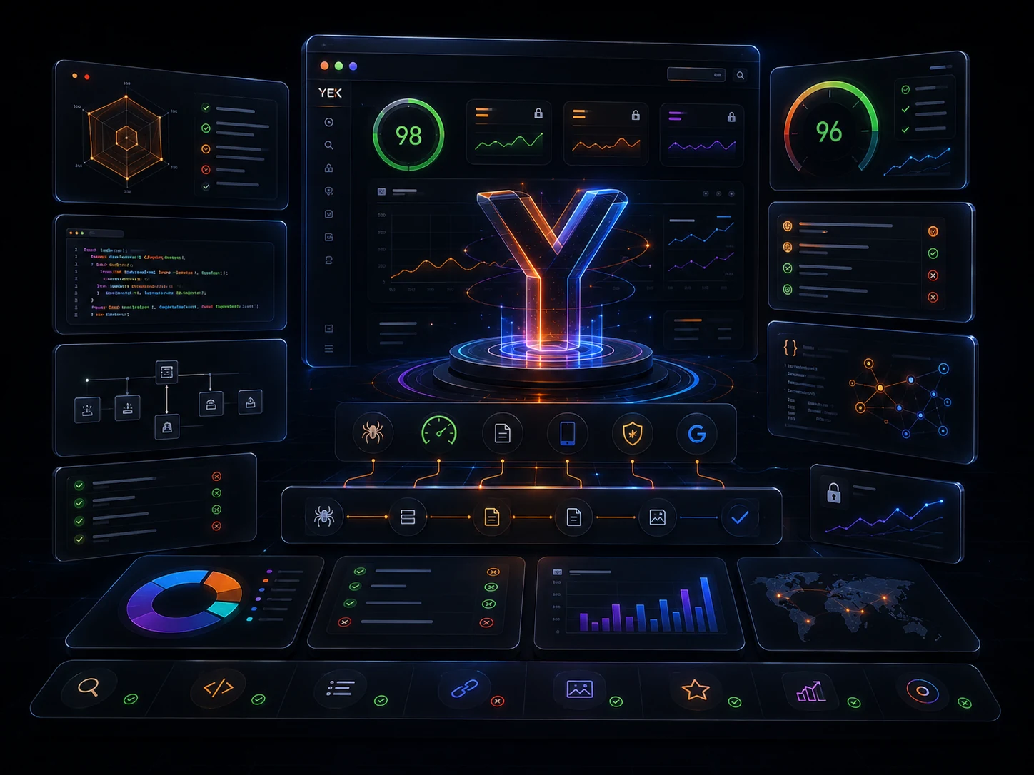 Yek sembolü çevresinde teknik SEO, performans ve analiz panelleri bulunan koyu tema dashboard