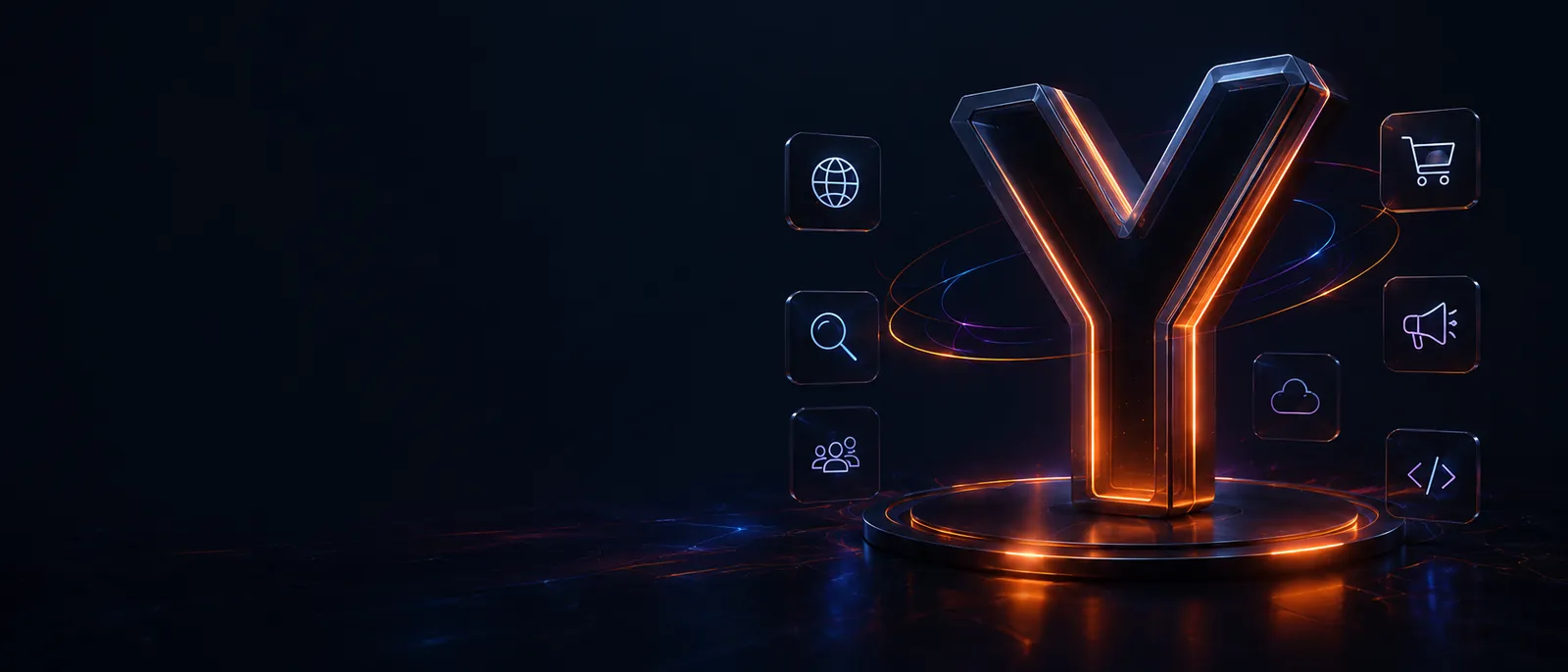 Yek Dijital hizmetlerini temsil eden turuncu ve mavi neon ışıklı 3D Y sahnesi ve cam servis ikonları