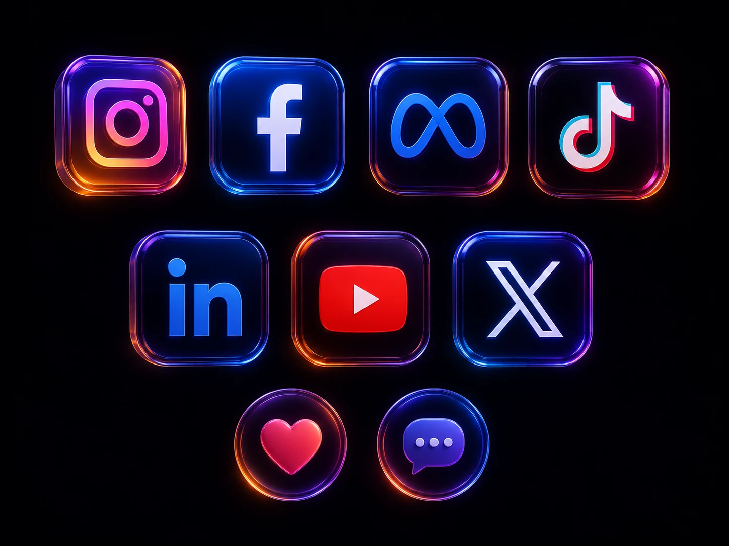 Instagram, Facebook, LinkedIn, YouTube ve WhatsApp neon platform ikonları